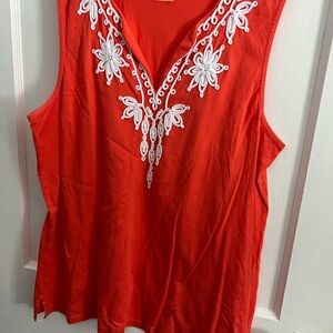 Anne Klein Red Tank Top with White Embroidery